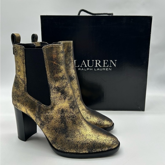 Lauren Ralph Lauren Mylah Gold Distressed Leather Ankle Boots 7B New With Box - Picture 10 of 10